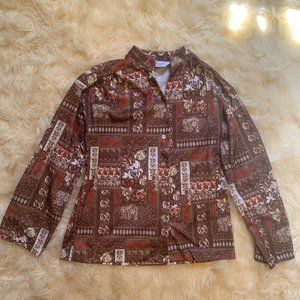 Vintage 70s Long Sleeve Brown Rust Floral Blouse